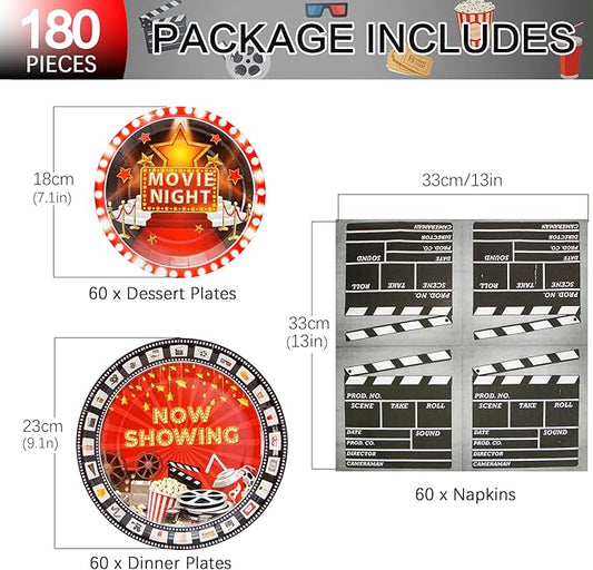 180Pcs Movie Night Party Supplies Paper Plates and Napkins Serve 60 Disposable Tableware Set for Birthday Party Decorations Game Day Family School Holiday Sports Events