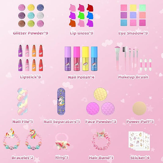 PERRYHOME Kids Makeup Set for Girls, 63 Pcs Washable Non-Toxic Real Cosmetic Toddler Makeup Kit, Unicorn Princess Play Makeup Toys Birthday Gifts, Dress up Time Girl Toys for 3 4 5 6 7 8 9 10 11 12