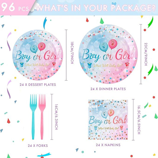 CANREVEL 96 PCS Gender Reveal Plates Set, Serve 24, Disposable Tableware for Gender Reveal Decorations, Boys Girls Kids