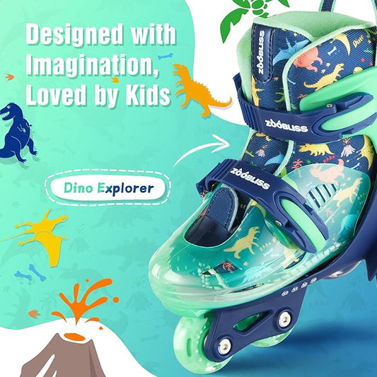 Kids Roller Skates for Beginners - ZOOBLISS Toddler Roller Skates for Boys and Girls Ages 3-7 with Light-Up Wheels & 4 Adjustable Sizes, Tri-Wheel Training Skates for Kids