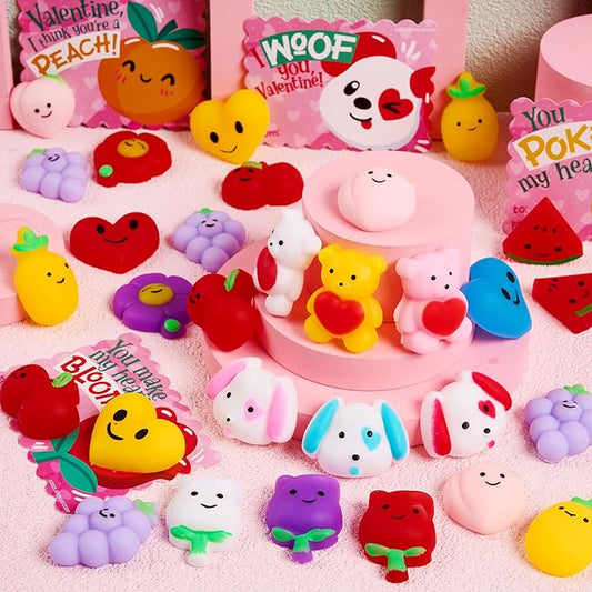 JOYIN 30 Packs Valentine’s Day Gift Cards with Fruit Mochi Squishy Toys, Stress Relief Fidget Toys, Cartoon Squeeze Toy for Kids Valentine's Party Favors, Classroom School Exchange and Game Prize