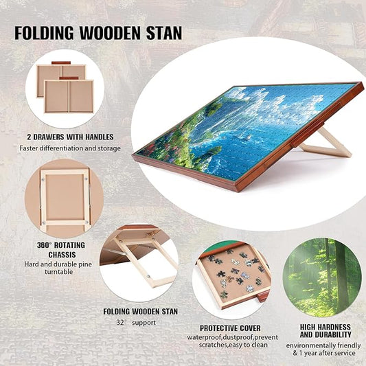 Rotating Jigsaw Puzzle Board with Drawers and Cover, 34 "x 26" Wooden Puzzle Table for Storage and Sorting, Portable Enlightenment Board for Adults and Kids - 1500 Piece