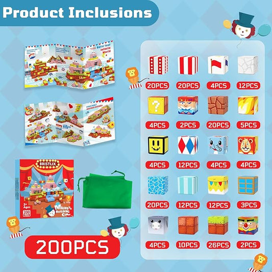 200 PCS Magnetic Blocks Magnetic Building Blocks, Magnet Toys for Kids 3+, Multicolor STEM Learning Toys (School/Home), Birthday for Boys & Girls, Strong Magnets Cubes (Circus)
