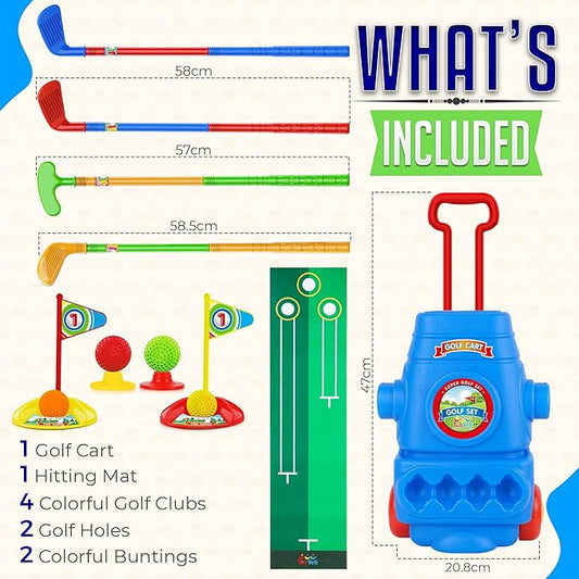 ToyVelt Toddler Golf Set - Kids Golf Clubs with 6 Balls, 4 Golf Sticks, 2 Practice Holes and a Putting Mat - Promotes Physical & Mental Development (Blue)