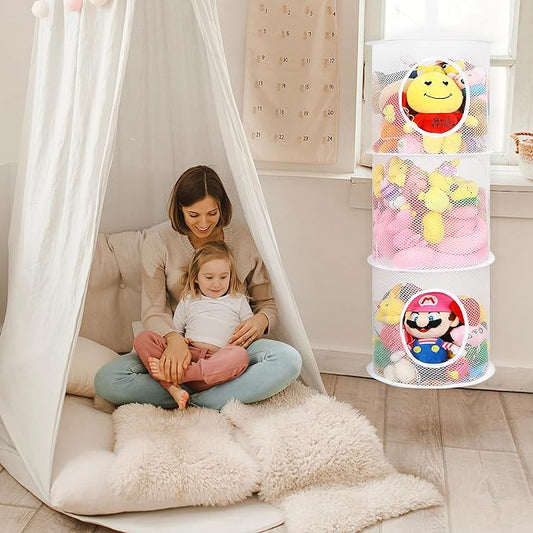 2Pcs Stuffed Animal Storage Foldable Stuffed Animal Net or Hammock Organizer, 3 Compartments Hanging Mesh Toy Storage Hammock for Kid Room Toys, Gloves, Hats, Socks(White)