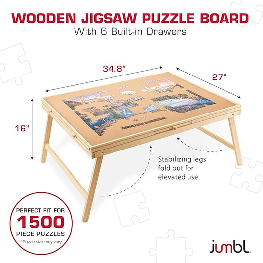 Jumbl 1500-Piece Puzzle Board with Drawers, Foldable Legs & Cover | Wooden Jigsaw Puzzle Table with Legs for Adults & Kids | Built to Last