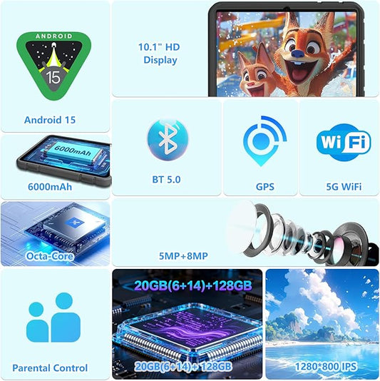 2025 Latest 10.1 inch Kids Tablet Android 15 Tablets for Kids with EVA Protective Case 20GB RAM 128GB Storage Toddler Tablet, Parental Controls, 12-hr Battery, WiFi, GPS, Black