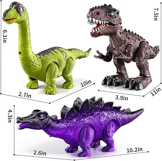 3-Pack Electronic Walking Dinosaur Toys for Toddlers 2-4, Moving Dinosaurs Toys with Lights, Roaring Sounds, T-Rex, Brachiosaurus & Stegosaurus, Xmas Birthday Gift for 2 3 4 5 6 Years Old Boys