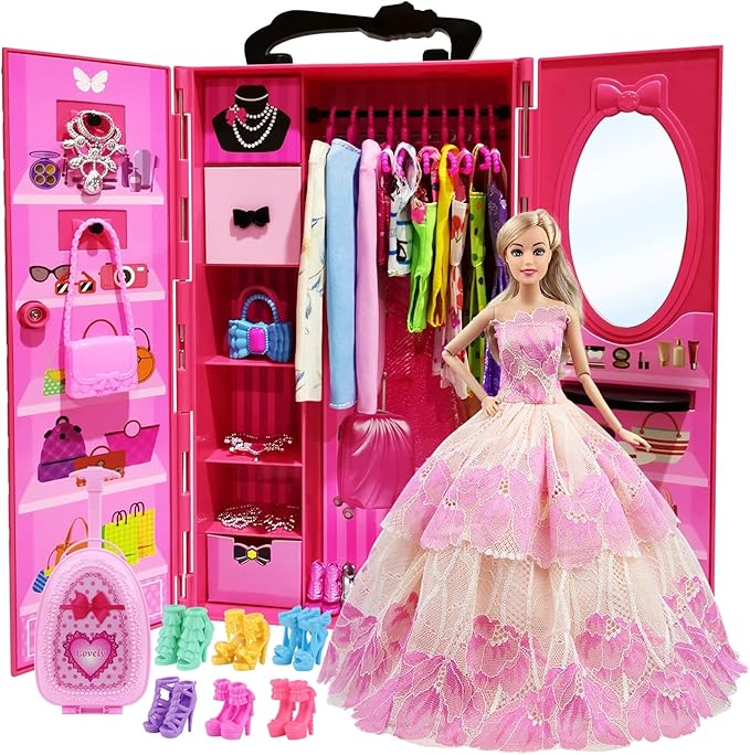 ZITA ELEMENT 11.5 Inch Girl Doll Closet Wardrobe with Clothes and Accessories Set 101 Pcs Including Wardrobe Suitcase Clothes Dresses Swimsuits Shoes Hangers Necklace Bags and Other Stuff