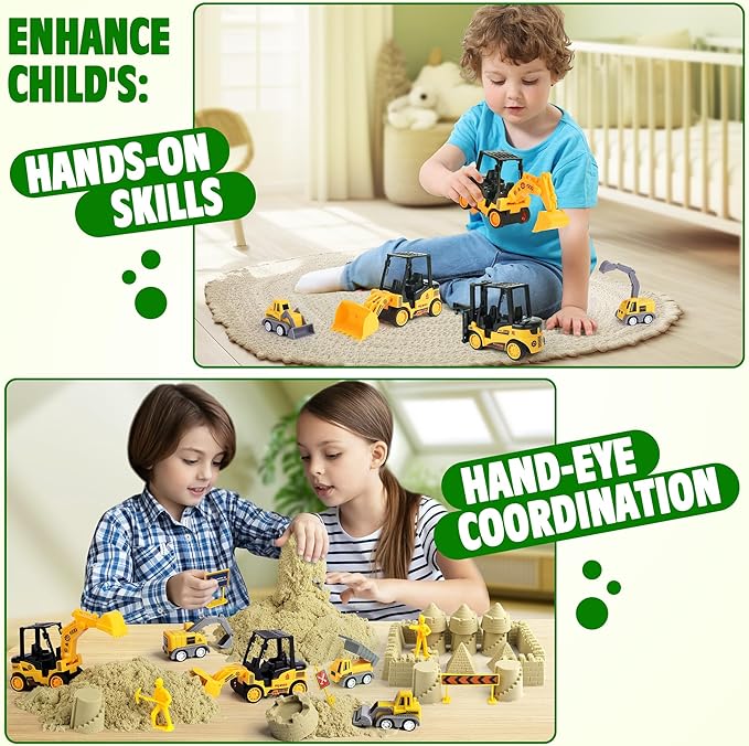 Sand Construction Kit with Big Foldable Sandbox and 2.2lbs Magic Sand, Truck Toys Including Castle Molds and Other Accessories - 36Pc Set for Kids 3+