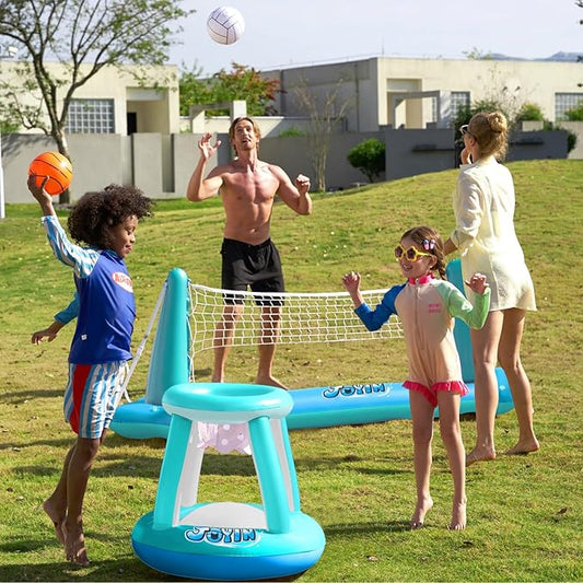 JOYIN XL Inflatable Pool Float Set, 125'' Volleyball Net & Basketball Hoops, Extra Large Floating Swimming Game Toy for Kids and Adults, Summer Floaties, Volleyball Court|Basketball, XL-Blue, Cyan