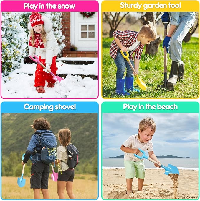 Dsmile 3Pcs Long Beach Shovels 16" Metal Kids Beach Spades Sand Shovels Toys with Wood Handle for Digging Shoveling Snow Sandbox Toys Set for Kids & Adults