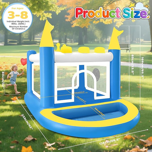 Mini Inflatable Bounce House with Ball Pit, 5 in 1 PVC Kids Bouncy Castle with Electric Air Pump, Small Crown Jump House for Kids Ages 3-8, Toddlers Playhouse Bouncer, Indoor/Outdoor