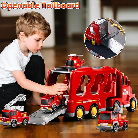 Fire Truck Toys for Toddler 1-3 3-5, 5-in-1 Fire Car Carrier Vehicle Set for Girls 1 2 3 4 5 6 Years Old, Transport Car with Light Sound, Birthdays Gifts for Kids Girls Aged 3-9