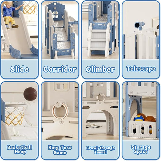 XJD 9 in 1 Toddler Slide Set, Kids Slide for Toddlers Age 1+, Toddler Climber Slide PlaySet with Basketball Hoop and Ball,Outdoor Indoor Playground for Toddlers 1-3 (Blue)