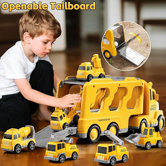 Construction Trucks Toys for 2 3 4 5 Years Old Boys - 7-in-1 Carrier Transport Vehicle Trucks for Kids 1-3 3-5, Car Toys with Light Sound, Birthdays Gifts Set for Kids Age 3-9