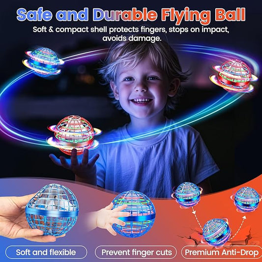 Flying Orb Ball Toy, 2025 Upgrade Parachute Hand Controlled Hover Ball with LED Lights, 360° Rotating Boomerang Globe, Cool Mini Drone, Ideal Birthday&Christmas Gift for Boys Girls-Blue & Red