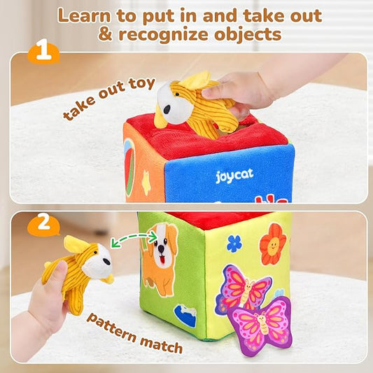 JoyCat What's Inside Box - Mystery Soft Box with 5 Sensory Objects, Rattle, Crinkle Paper, Mirror - Baby Toys 6-12 Months, Soft Busy Travel Toys - Christmas Basket Stocking Stuffers