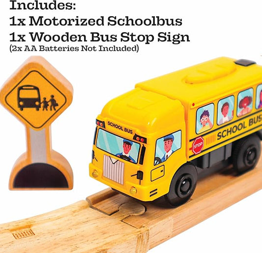 Motorized School Bus for Wooden Track - Yellow Schoolbus Themed Battery Operated - Includes Wooden Bus Stop Sign - Electric Powered Engine Toy for Wood Track for Kids