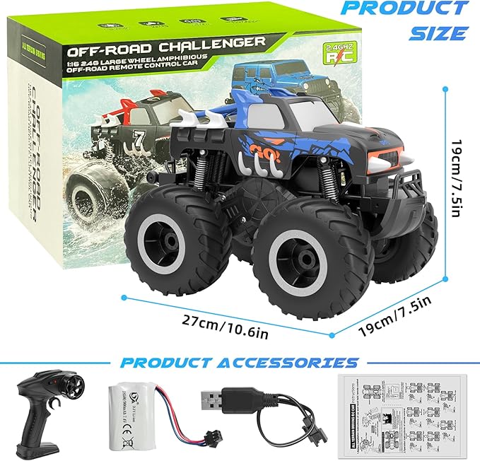 RC Monster Truck 1:16, Electric RC Car RC Monster Car 4WD Rock Crawler Scale Remote Control Truck Toy Cars,Waterproof&Dustproof Electric Vehicle Toys Car for Ages 6-12 (Blue)