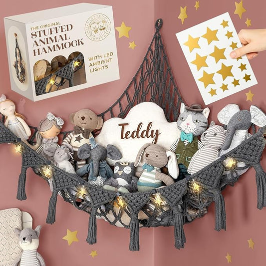 Macrame DreamLights Boho Stuffed Animal Storage Net or hammock Extra Large for Small or large Plushies. Plush Gray Toy Storage Holder