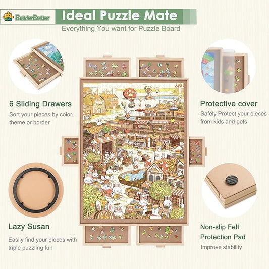 1000 Pieces Rotating Puzzle Board with 6 Drawers,30.16"x22.44" Portable Wooden Jigsaw Puzzle Table with Lazy Susan Spinning Cover