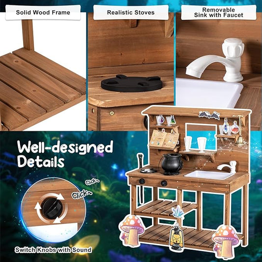 Mud Kitchen Playset for Kids, Wooden Magic Kitchen Set w/Wand, Recipe, Removable Sink, Faucet, Stove, Toddler Outdoor Pretend Play Kitchen, Witch Role Play, Fairy Potion, Gift for Boys Girls