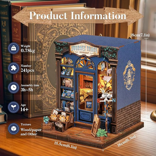 Fsolis Book Nook Kit, DIY Miniature Scene House Kit for Adults and Beginners Tiny House Mini Bookshop Model Bookshelf 3D Puzzles Nook Decor Gifts for Women Teenagers (Journey Trace Bookshop)