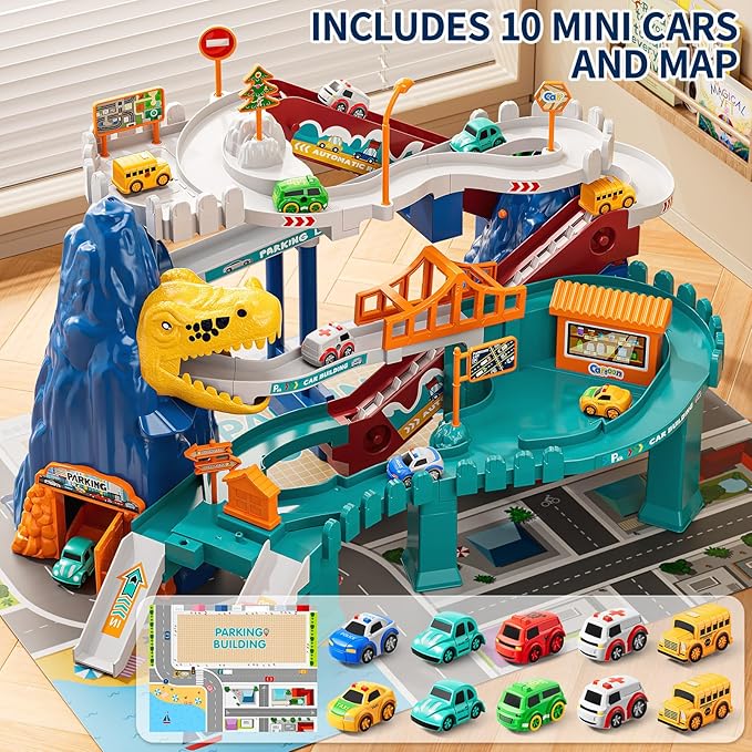 Dinosaur Race Track Playset for Boys Kids 3-5, Dinosaur Climbing Hills Car Track Play Set with 10 Mini Racer Cars, Kids Car Ramp Track Toys for 3 4 5 6 7 8 Year Old Boys Girls