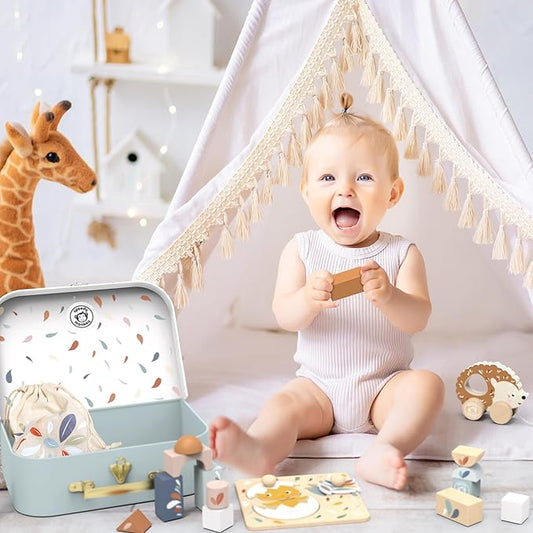 SPEEDY MONKEY My First Toy Box – Multicolor Wooden Nursery Toy Set for Kid, FSC Certified Play Box for Toddler, Includes Building Blocks, Stacking Rabbit, Chick Puzzle & Pull-Along Hedgehog