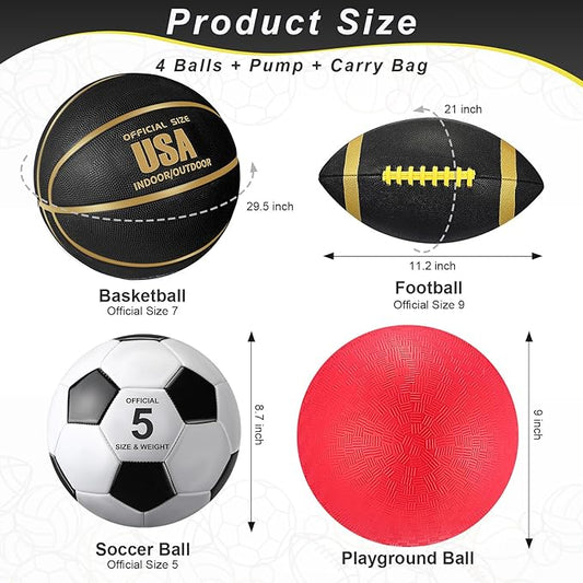 Lenwen 4 Pcs Sports Balls Set, Include Official Size Basketball Soccer Football Playground Ball Pump Equipment Bag for Teen Adult Christmas Ball Gifts