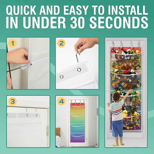 Honeyera The Original Storage for Stuffed Animals, Over Door Organizer for Stuffies, Baby Accessories, Toy Plush organizer, Breathable Hanging Storage Pockets Big Girls Toddler Large Bag (rainbow)