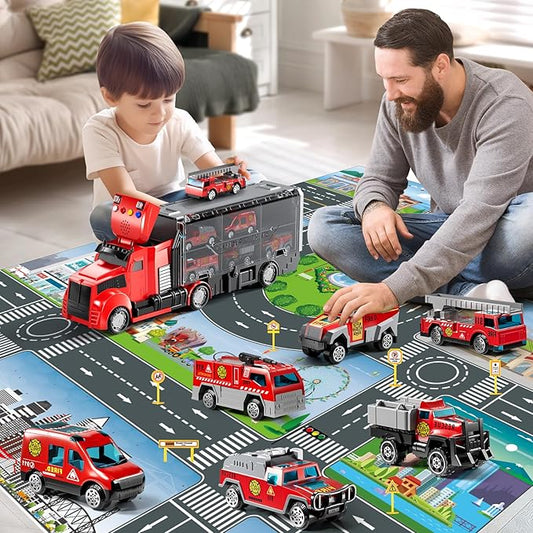 Fire Trucks Toy Set with Play Mat, Carrier Truck Play Vehicles Set for 3 4 5 6 Years Old Boys Kids, Die-Cast Car Toy for Toddlers 3-4 Years, Birthday Gifts Toys for 3-9 Year Old Boys