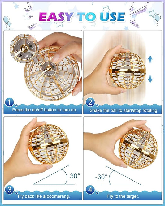 ATHLERIA Gold Magic Flying Orb Ball with Lights,Cool Stuff Gadgets Birthday Gifts Toys for Boy Girl Teens,Helicopter Mini Drone for Kids,Hover Boomerang Ball,Flying Spinner