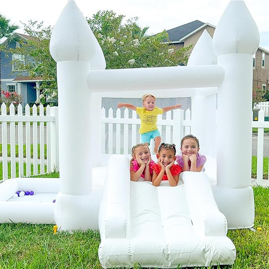 AKSPORT White Bounce House Castle Inflatable Jumping Castle with Slide & Air Blower for Kid, Wedding, Birthday Party Castle, 9 * 9 * 7FT
