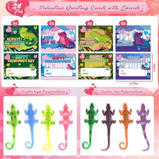 24PCS Valentines Day Cards for Kids School Classroom Exchange, Valentine's Day Gift Cards with Change Color Lizard Toys, Valentines Greeting Cards Bulk for Kids School Classroom Exchange