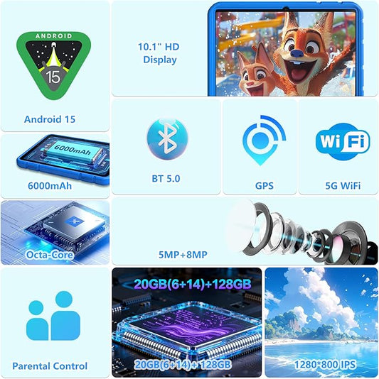 2025 Latest 10.1 inch Kids Tablet Android 15 Tablets for Kids with EVA Protective Case 20GB RAM 128GB Storage Toddler Tablet, Parental Controls, 12-hr Battery, WiFi, GPS, Blue