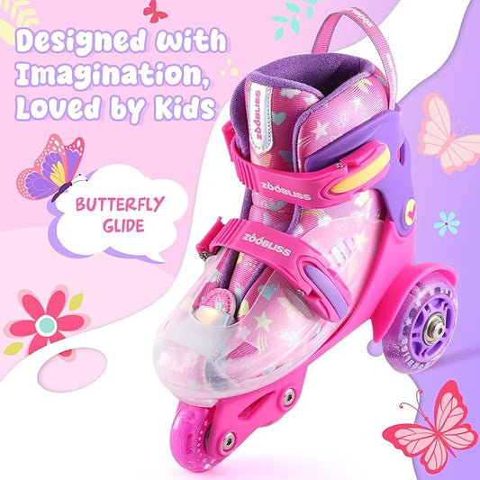 Kids Roller Skates for Beginners - ZOOBLISS Toddler Roller Skates for Boys and Girls Ages 3-7 with Light-Up Wheels & 4 Adjustable Sizes, Tri-Wheel Training Skates for Kids