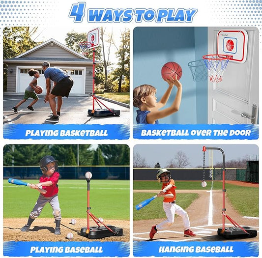 HopeRock 2 in 1 Kids Basketball Hoop and T Ball Set, Adjustable Basket Ball Stand,Hanging Tee Baseball for Toddlers Boys Girls Ages 2 3 4 5 6 7 8 Years Old, Outdoor Toys Gifts