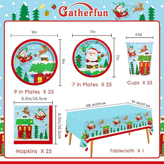 Christmas Party Supplies - Christmas Santa-Themed Disposable Paper Plates, Napkins and Cups Set with Waterproof Plastic Tablecloth - Perfect Party Decorations,Serve 25