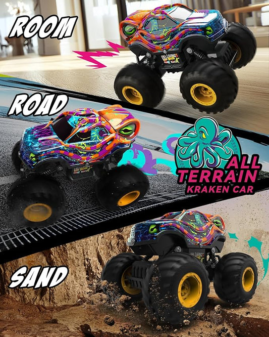 Kraken Monster Truck RC Car, Entry-Level Remote Control Car for Kids Aged 4-8, 1:16 Scale with LED Lights (Low-Speed Safety), 2.4GHz Truck Toys, Birthday Gift for 5 6 7 Year Old Boys