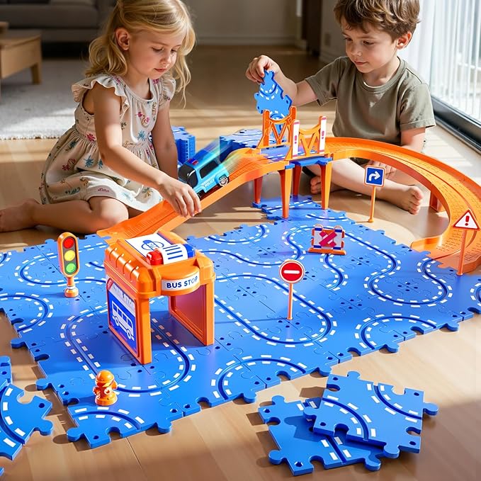 Puzzle Race Car Track Set for Kids 3-5, Floor Puzzle Track Car Set, Toddler Toys for 3 4 5 6 Years Old Boys, Toys Gift for Kids Boys Girls Age 3 4 5 6 7 8 Years Old