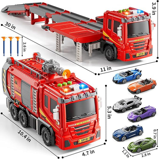 Fire Trucks Toys for Toddlers Ages 3-5, Folded Carrier Truck Race Track with with Lights & Sounds and 6 Racing Car Toys, Birthday Gift for 3 4 5 6 7 8 Years Old Boys Girls