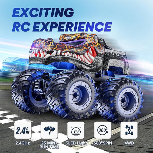 Remote Control Monster Car, 2.4GHz RC Crocodile Monster Truck Toys for 3 4 5 6 7 8 Years Old Boys Kids, All Terrain RC Truck Off Road with Spray, Light, Rechargeable Battery, Christmas Birthday Gifts
