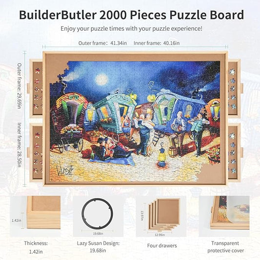 2000 Pieces Rotating Puzzle Board with 4 Drawers,40.16"x28.5" Portable Wooden Jigsaw Puzzle Table with Lazy Susan Spinning Cover for Adults