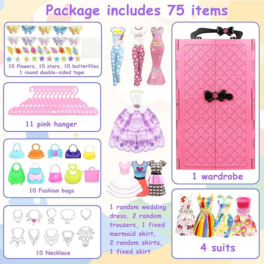 75PCS Doll Clothes and Accessories with Closet for 11.5 Inch Doll - Fashion Design Set Including Wedding Dress Fashion Dresses Outfits Tops and Pants Hangers Bags for Girls