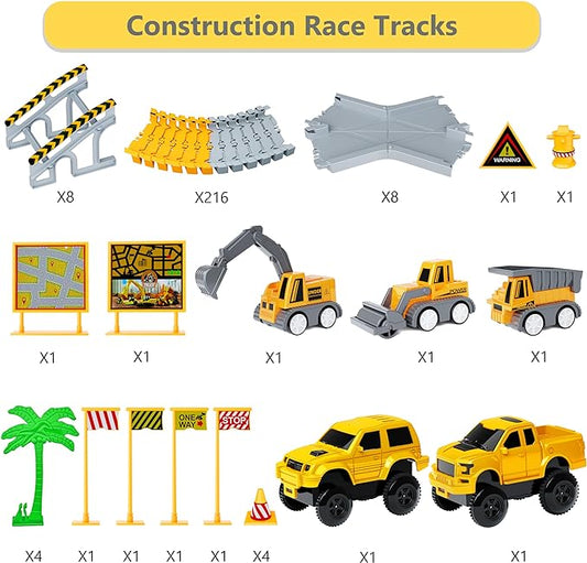 Kids Toys 253 PCS Construction Race Tracks Toy for 3 4 5 6 7 8 Year Old Boys Girls, 5 PCS Construction Truck Car and Flexible Track Play Set Create A Engineering Road Games Toddler Toys Birthday Gifts
