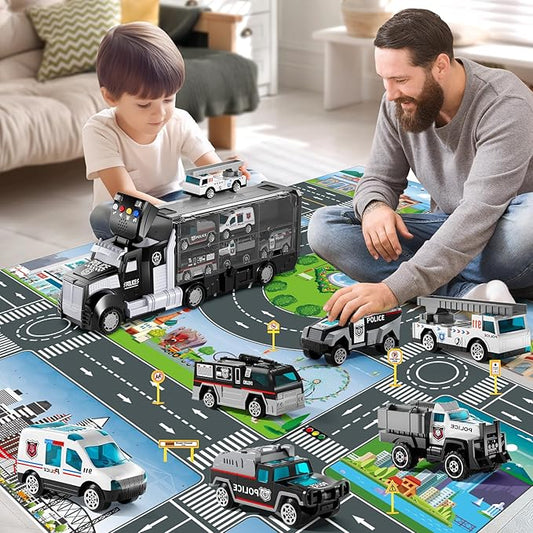 Police Trucks Toy Set with Play Mat, Carrier Truck Play Vehicles Set for 3 4 5 6 Years Old Boys Kids, Die-Cast Car Toy for Toddlers 3-4 Years, Birthday Gifts Toys for 3-9 Year Old Boys