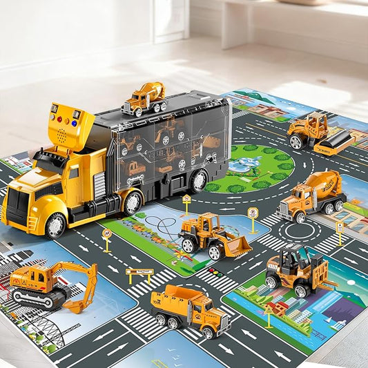 Construction Trucks Toy Set with Play Mat, Carrier Truck Play Vehicles Set for 3 4 5 6 Years Old Boys Kids, Die-Cast Car Toy for Toddlers 3-4 Years, Birthday Gifts Toys for 3-9 Year Old Boys