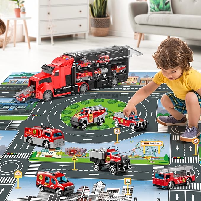 Fire Trucks Toy Set with Play Mat, Carrier Truck Play Vehicles Set for 3 4 5 6 Years Old Boys Kids, Die-Cast Car Toy for Toddlers 3-4 Years, Birthday Gifts Toys for 3-9 Year Old Boys